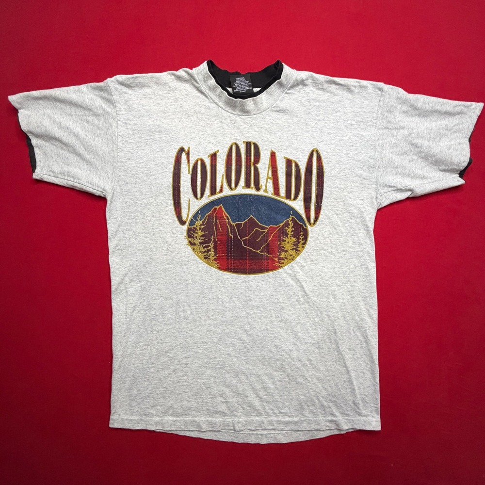 Vintage 90s Signal Sport Colorado T Shirt Single Stitch Gray Plaid Mountain L